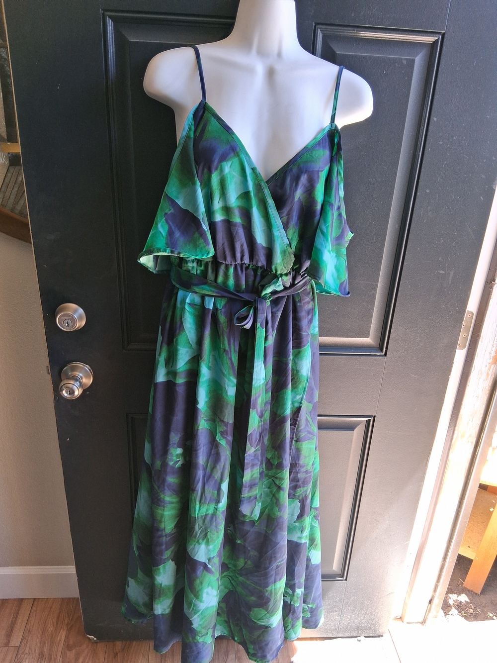 Sleeveless Green & Navy Floral Wrap Maxi Dress with Tie Waist
